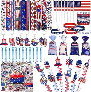 128 Pcs 4th of July Party Supplies Set, USA Flag Bracelets, Hand Held American Flags, Keychains, Bubble Wands, Stickers | Memorial Day & Independence Day Celebration Favors for Kids & Adults