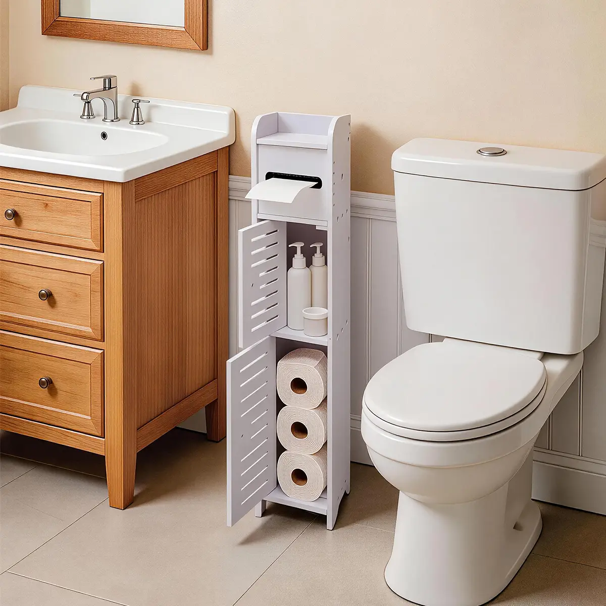Storage Cabinet for Small Spaces, for Skinny Bathroom Storage Corner Floor, Slim Paper Holder with 2 Doors & Shelves (White)