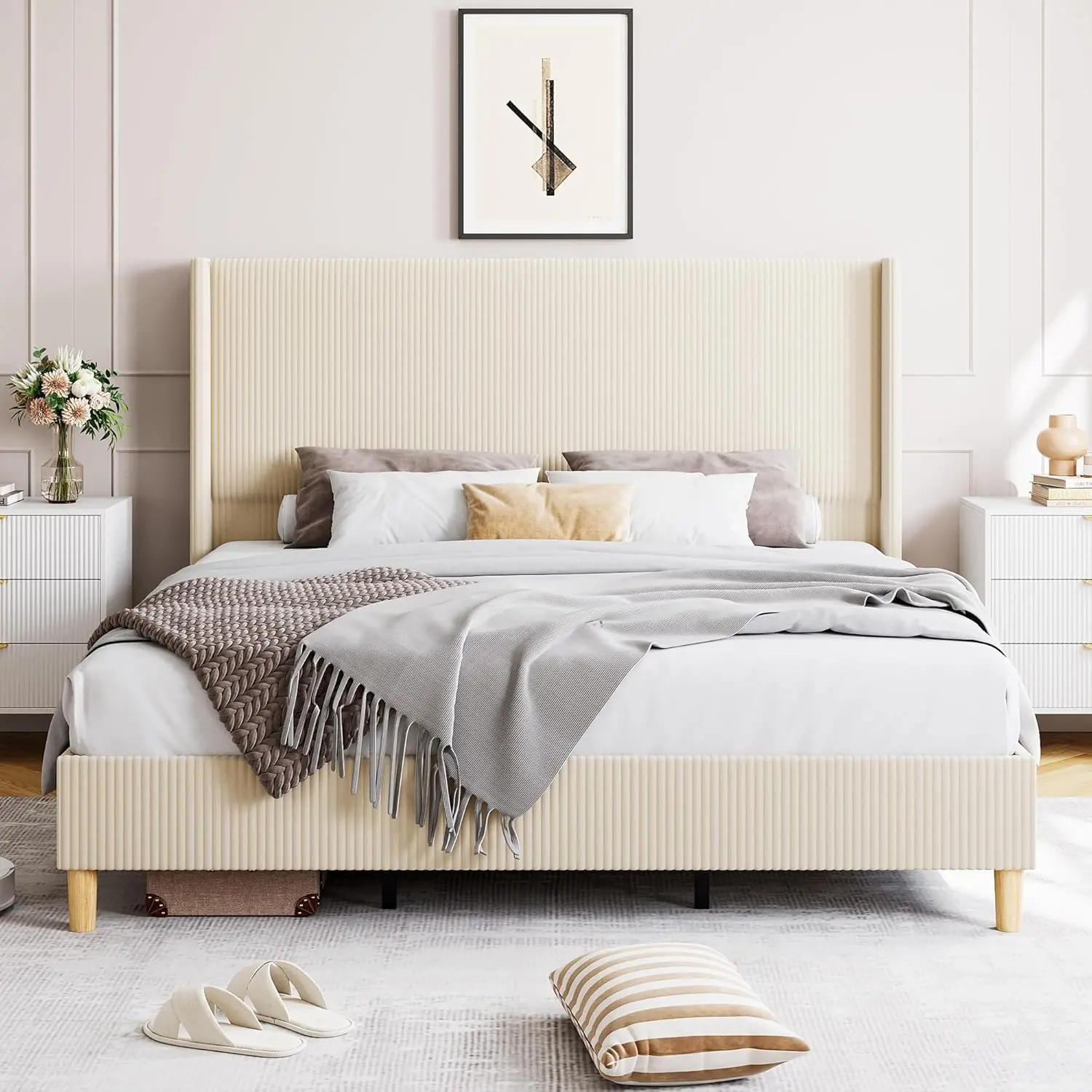 Garvee and Garvee Queen and King Size Corduroy Upholstered Platform Bed Frames with Vertical Channel Tufted Wingback Headboards, Sturdy Wooden Slats, No Box Spring Needed, Easy Assembly in Beige Cream Color