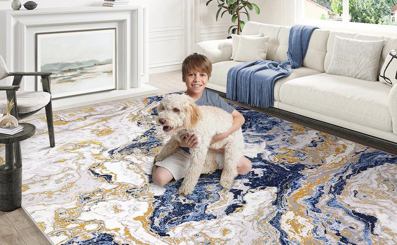 GARVEE Abstract Marble Rugs: Modern, Washable, Non-Slip Area Rugs in Various Sizes (5'x7', 6'x9', 8'x10', 9'x12') for Living Room, Bedroom, Kitchen, and Dining. Ideal for High Traffic Areas, Available in Blue and Grey.