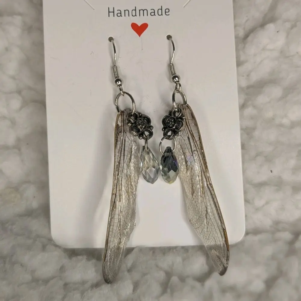 Handmade Ethically Sourced Dragonfly Wing Earrings with Iridescent Bead Accents Fairy Wings Jewelry