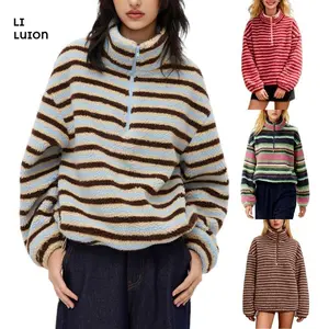 Women Winter Warm Fleece Stripe Stand Collar Drawstring Half Zip Oversized Sweatshirt