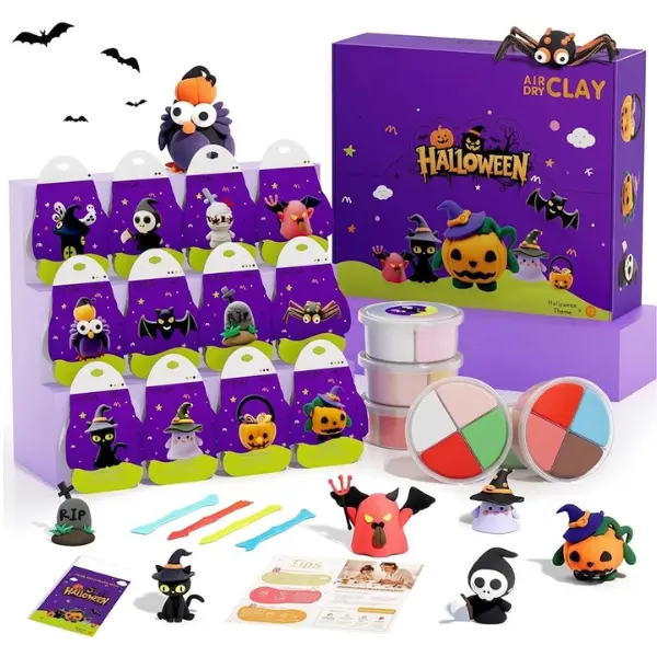 Air Dry Clay Kit for Kids, 12-Modeling Clay Set with 4 Sculpting Tools & 12 DIY Craft Tutorials, Soft Non-Sticky Easy-to-Shape Clay for Halloween Crafts, Arts & Crafts, Gifts for Boys & Girls