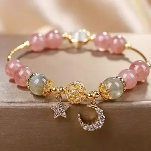 Fashion Strawberry Crystal Beaded Bracelet Friendship Bracelet for Girls Star Moon Pendant Jewelry