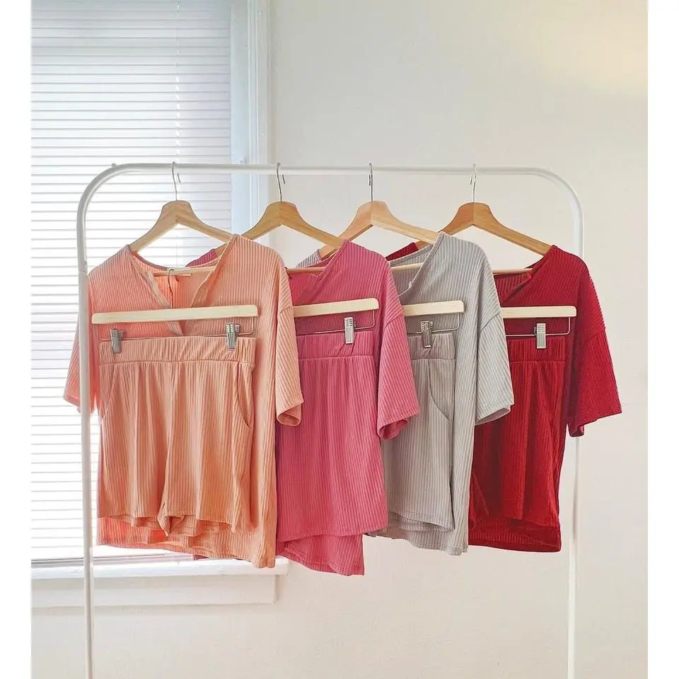 Women's Ribbed Knit Pajama Sets Short Sleeve Top and Shorts 2 Pieces Loungewear Sweatsuit outfits with Pockets Fabric Nightwear outfits latinatops trackset prettylittlething twopieceset outfit girls Loose Womenswear Casual Check