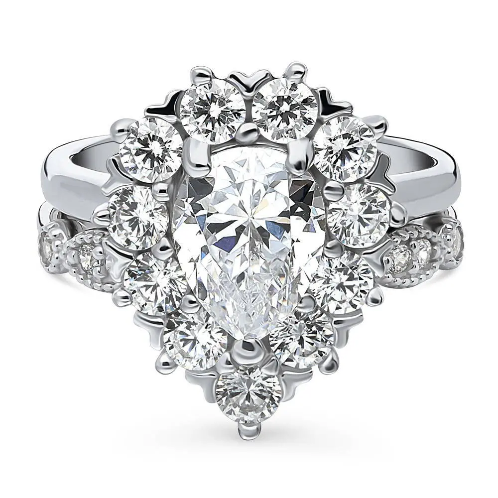 BERRICLE Sterling Silver Halo Milgrain Art Deco Engagement Rings Statement Stackable Band for Women, Pear Cut Cubic Zirconia CZ Ring Set