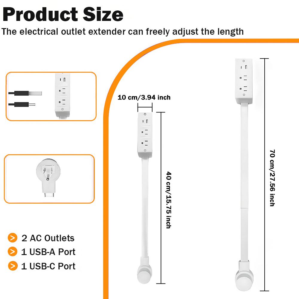 Compact Home Supplies Outlet Splitter Expander - 180° Rotatable Wall Plug Extender, Telescopic Adjustable Length, Security-Upgraded, for Behind Couch, Nightstand Power Access Expansion