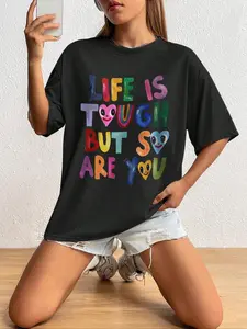 Women's Cartoon Heart & Letter Print Tee, Fashion Casual Fitted Crew Neck Half Sleeve T-shirt, Ladies Teen Girls Summer Clothes for Daily Wear