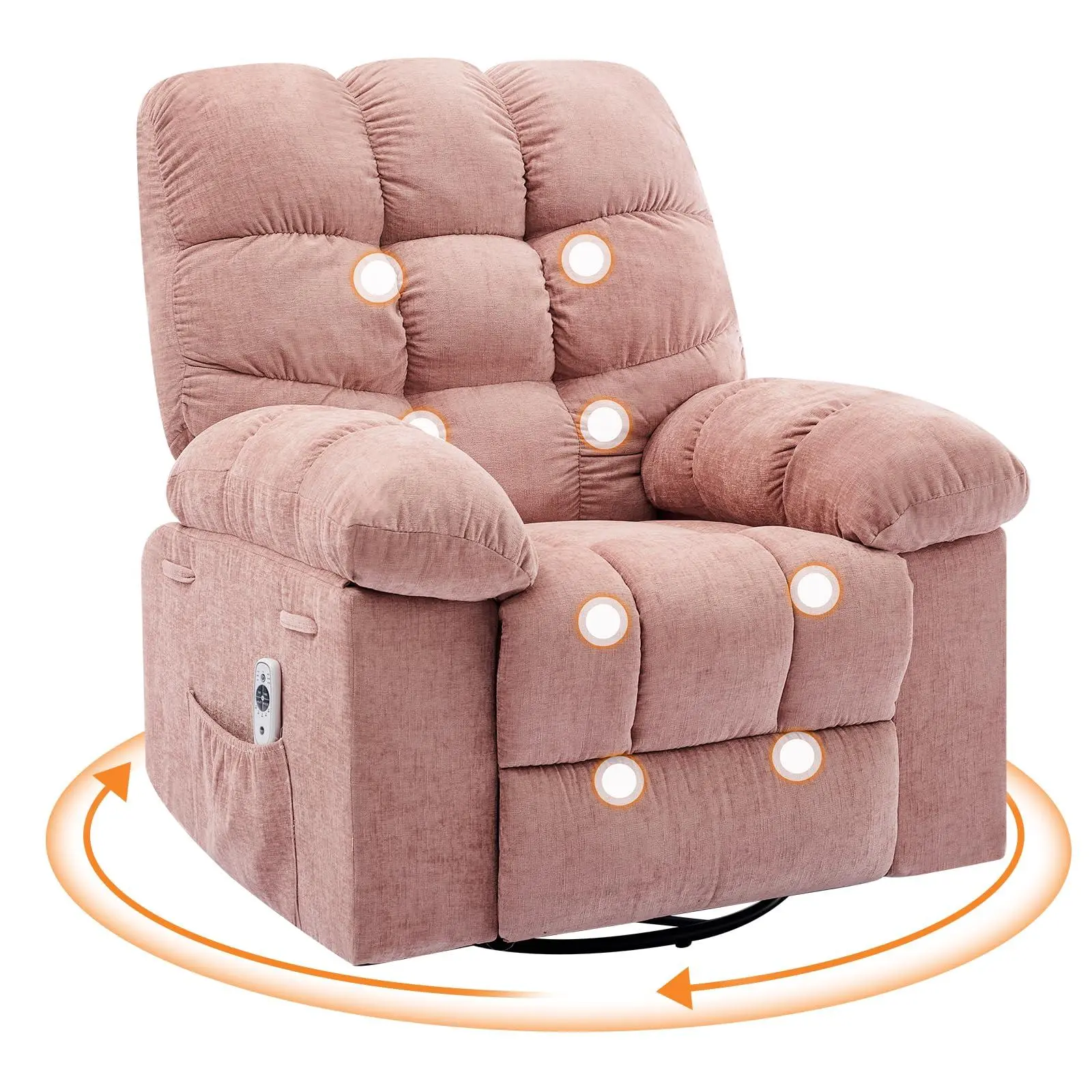 GARVEE Rocking Recliner Chair,Massage Rocker Recliner Chair with Vibration Massage and Heat,360°Swivel Recliner Chairs,Oversized Rocker Recliner Single Sofa with Side Pocket,Living Room,Bedroom,Nursery,Pink