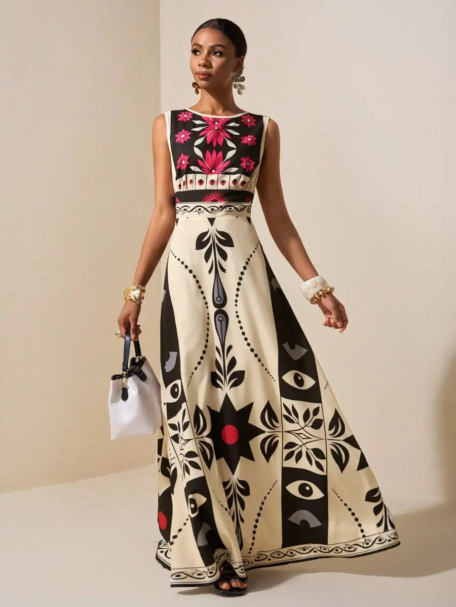 Zivah Beige Summer Boho Elegant Holiday Tea Party Vacation Plus Size Women Tropical Rainforest Print Sleeveless Maxi Dress Patchwork Floral Abstract Graphic