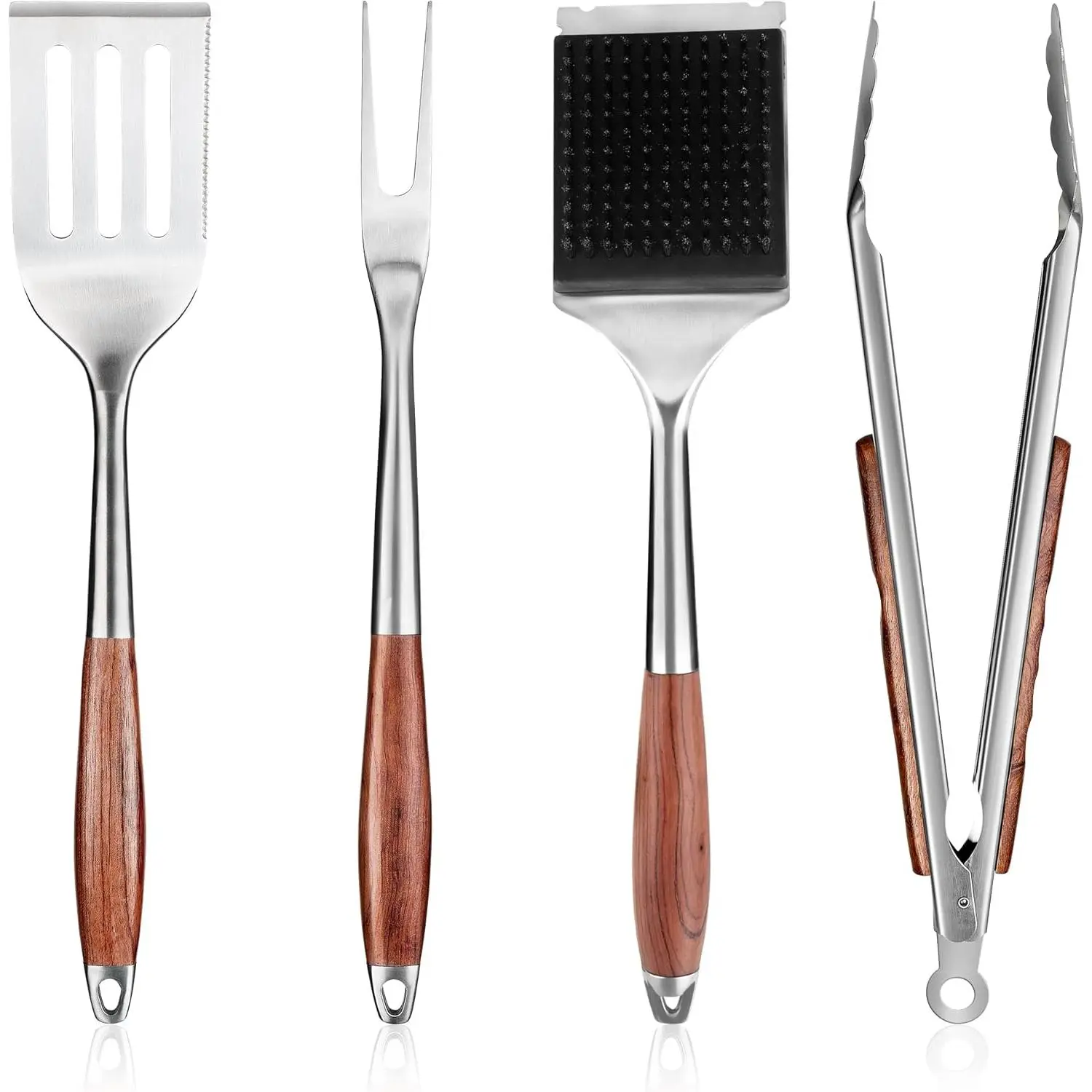 Heavy-Duty Rose Wooden BBQ Grilling Tools Set - Stainless Steel Utensils with Wave Pattern, Spatula, Fork, Brush, Tongs, Essential Outdoor Camping Accessories, Ideal Gift for Men, Anti-Slip Grip, Barbecuing