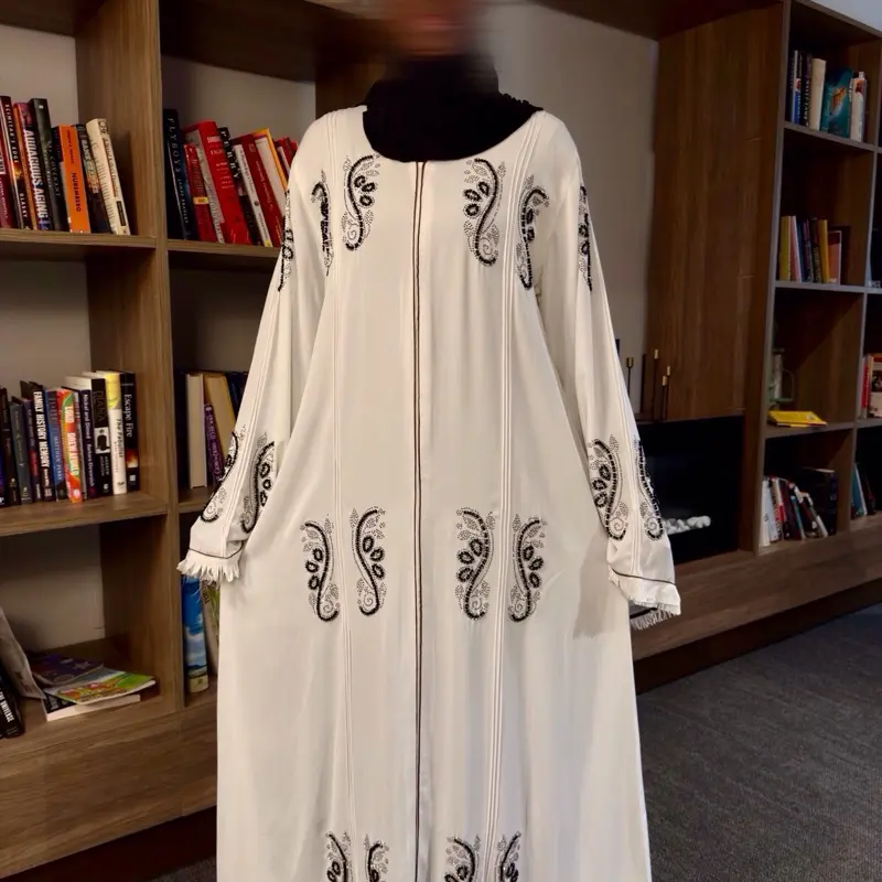 White & Burgundy Handmade Beaded Abaya Set with Hijab Modest Eid Dress Elegant Flowing Abaya