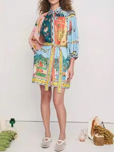 Women's Spring and Summer Short Dress, Casual Holiday Bohemian Chic Style, Womenswear, Printed Plant Floral Three-Quarter Sleeve, Waist Loose Fit, Perfect for Daily Wear