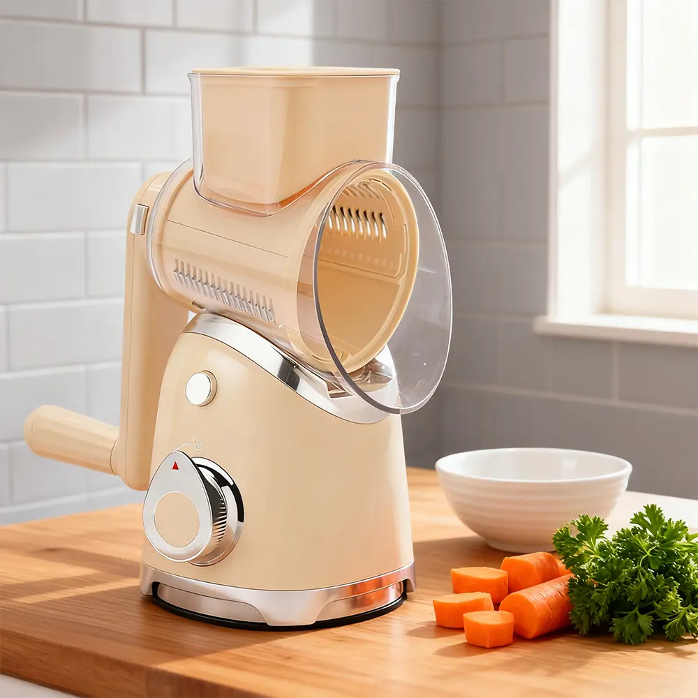 SUSTEAS Rotary Cheese Grater & Kitchen Vegetable Slicer Utensil - 6 Blades, Strong Suction Base, Easy-to-Clean Design, Blade Storage Case, Handle - Ideal for Food Prep, Thanksgiving, Weddings, Birthdays (Veggies, Fruits)