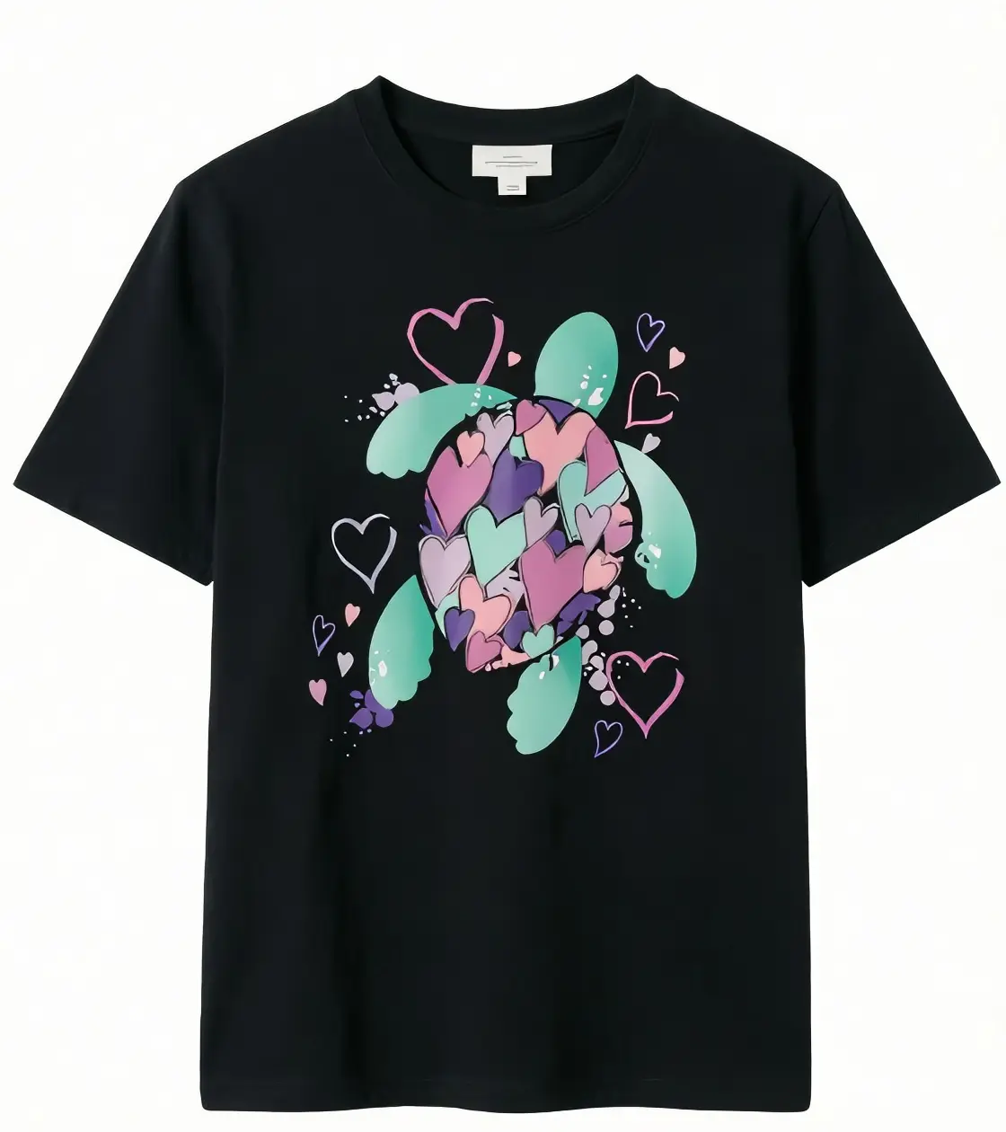Women's Crew Neck Short-Sleeve Comfortable T-Shirt, Sweet Ocean Beach Vacation Theme, Heart-Patterned Sea Turtle Graphic, Dreamy-Soft Vibe, Cold Wash Women's T-Shirt, Casual Summer Top
