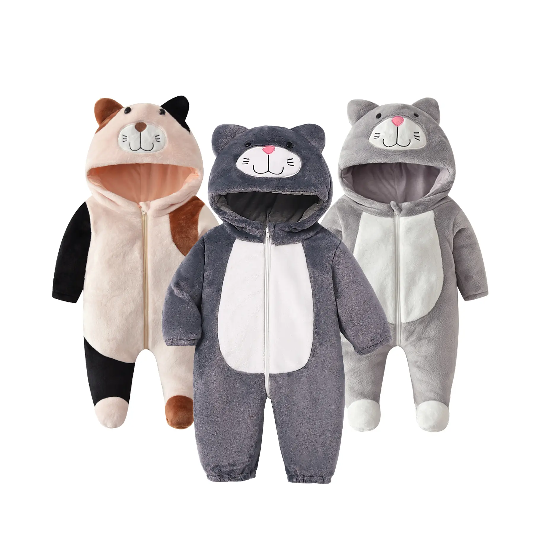 TONWHAR Kids Flannel Jumpsuit, Beige Gray Multi Color Cat Rompers for Toddlers, 3D Animal Hood Children One Piece Pajamas, Baby Snowsuit Bodysuit Without Straps