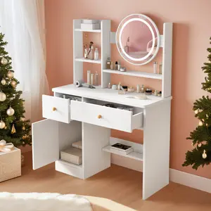 Vanity Desk with Mirror and Lights,Compact White Dressing Table, 3 Lighting Modes,Dressing Table with Drawers, with Open StorageShelves,Makeup Vanity Table for Bedroom