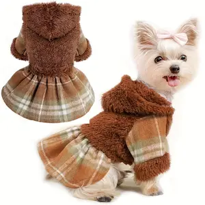 Pet Plaid Dog Dress, Cozy Brown Fleece Cape, Hooded Pet Coat for Small Breeds, Thanksgiving, Christmas, Birthday Party, All-Season Wear, Polyester & Cotton Blend, Machine Washable, XXS/XS/S/M Sizes