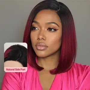 Bob Wig Human Hair 5x5 HD Lace Closure Short Straight Lace Front Bob Wigs for Black Women Human Hair Pre Plucked Pre Cut Glueless C Part 180% Density Ombre 99J Burgundy Color 1B/99J Bye Bye Knots Glueless Wear and Go Wig with Drawstring