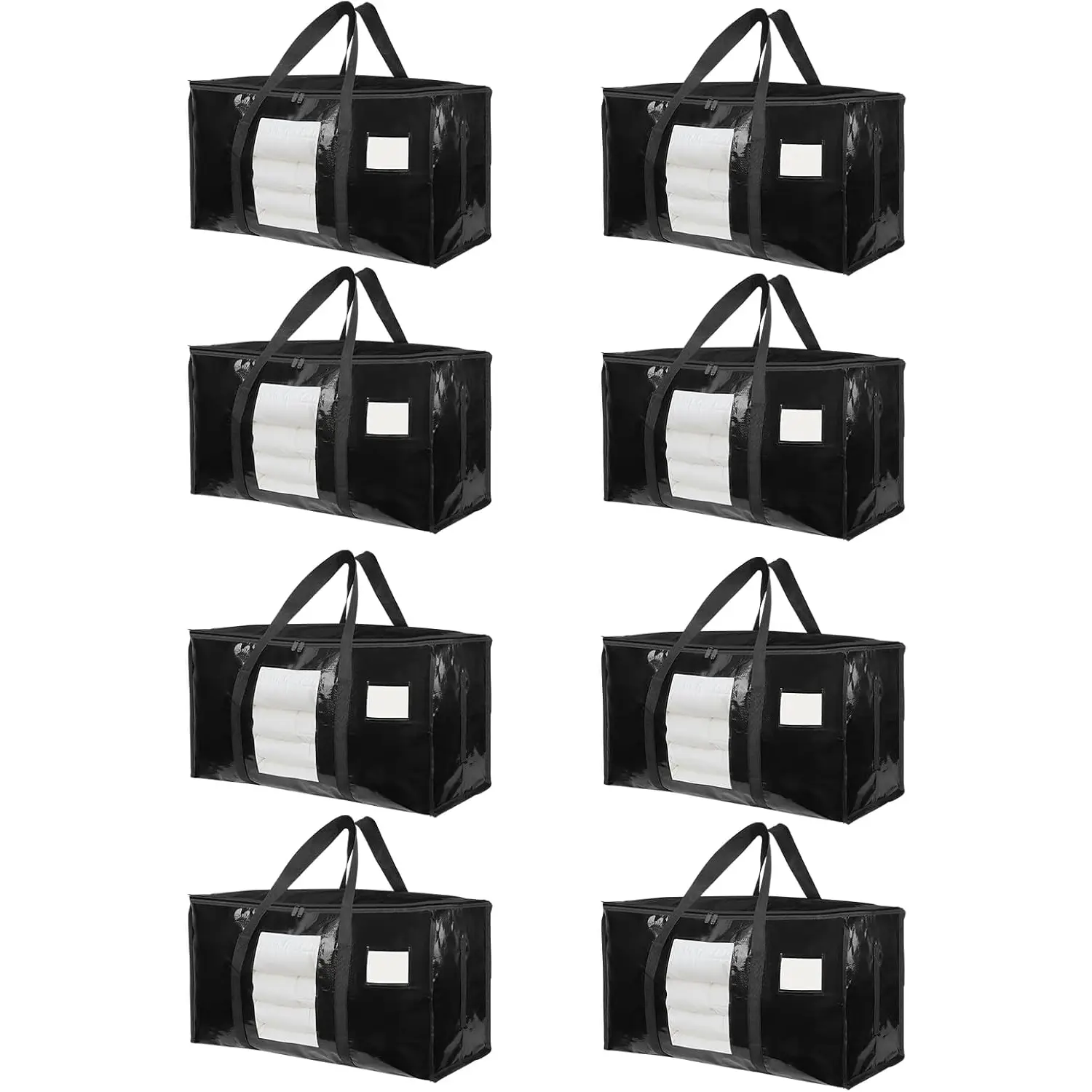 SummitFlare 8-Pack Extra Large Heavy Duty Moving Bags, 180GSM 130LBS 100L Waterproof Reusable Storage Totes with Visible Window, Zippers, Wrap-Around Handles, Alternative to Moving Boxes, Black