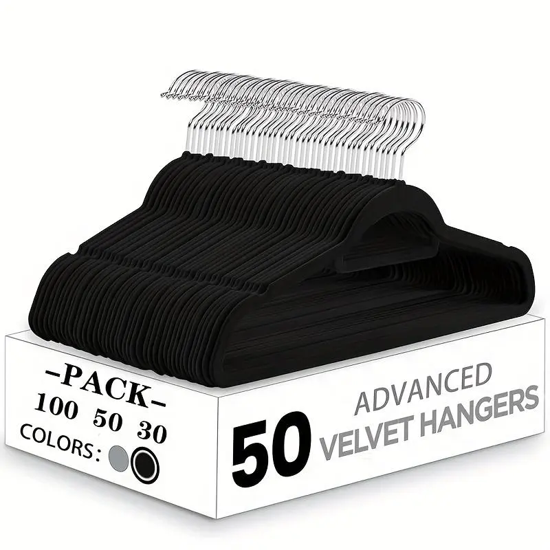 100/50/30pcs, Premium Velvet Non-slip Hanger with Tie Bar, 360° Swivel Hook, Space-saving, Durable, Suitable for Indoor Storage, Outdoor Drying, Clothing Display, Standard Hanger, Wardrobe Storage, Organization And Storage