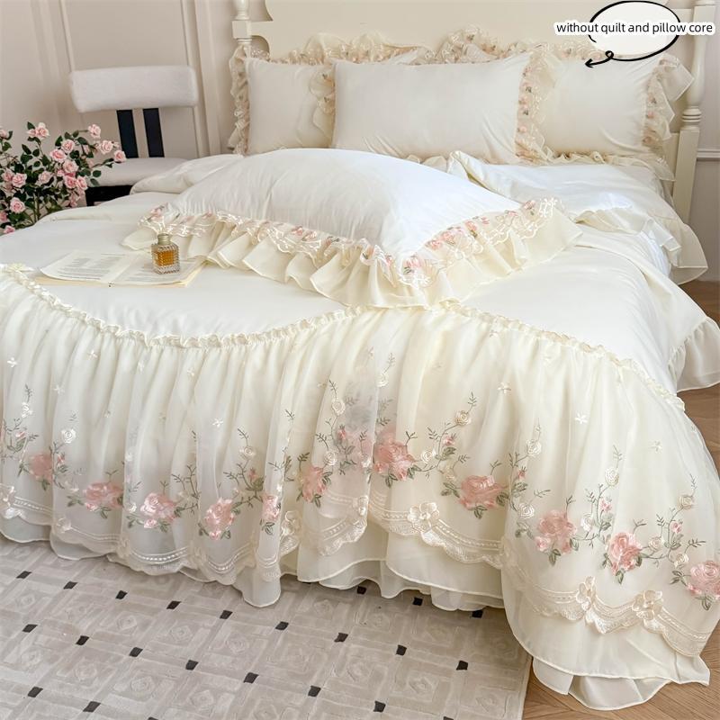 3pcs Korean Lace Trim Embroidered Quilt Cover and Pillowcases Set, Soft Bedding Set, Elegant Dorm Room Decor for Cozy Nights #TOP PICKS