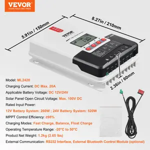 VEVOR 20A MPPT Solar Charge Controller, 12V/ 24V Auto DC Input, Solar Panel Regulator Charger with LCD Display Temperature Sensor Cable, for Sealed(AGM), Gel, Flooded and Lithium Battery Charging