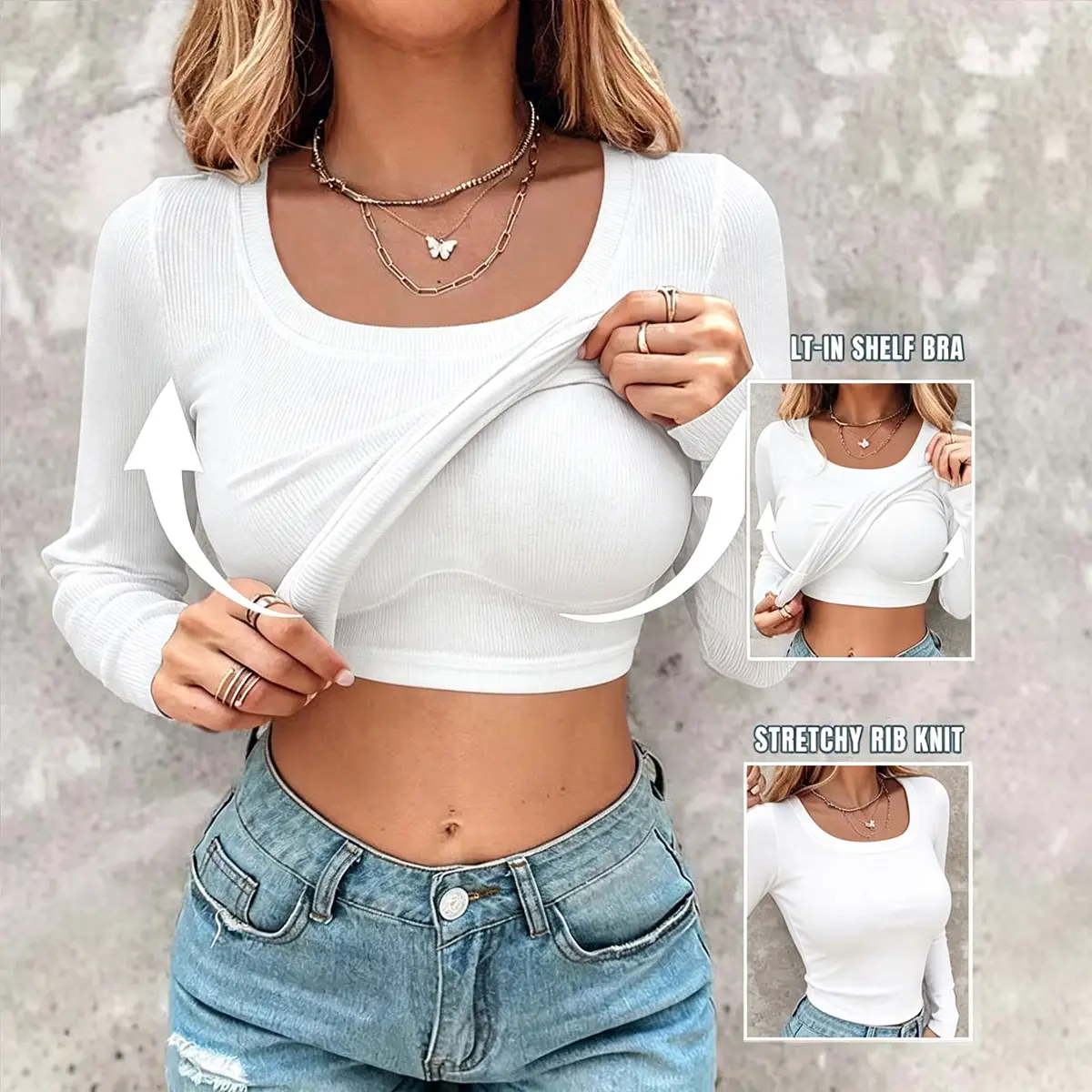 Women's Ribbed Long Sleeve Top with Built-in Bra Square Neck Fitted T-Shirt