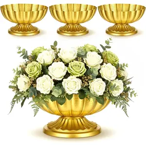 4 Pack Gold Pedestal Vases for Centerpieces, 7.3" Wide Vintage Metal Compote Bowl Urn Vases – Set of 4 Hammered Gold Flower Vase for Wedding, Party & Home Table Decor