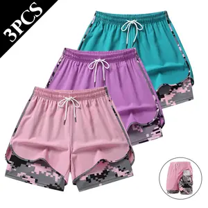 Set of 3 women’s casual athletic shorts — summer lightweight, double-layer breathable running shorts for yoga and cycling, elastic waistband, mid-thigh length