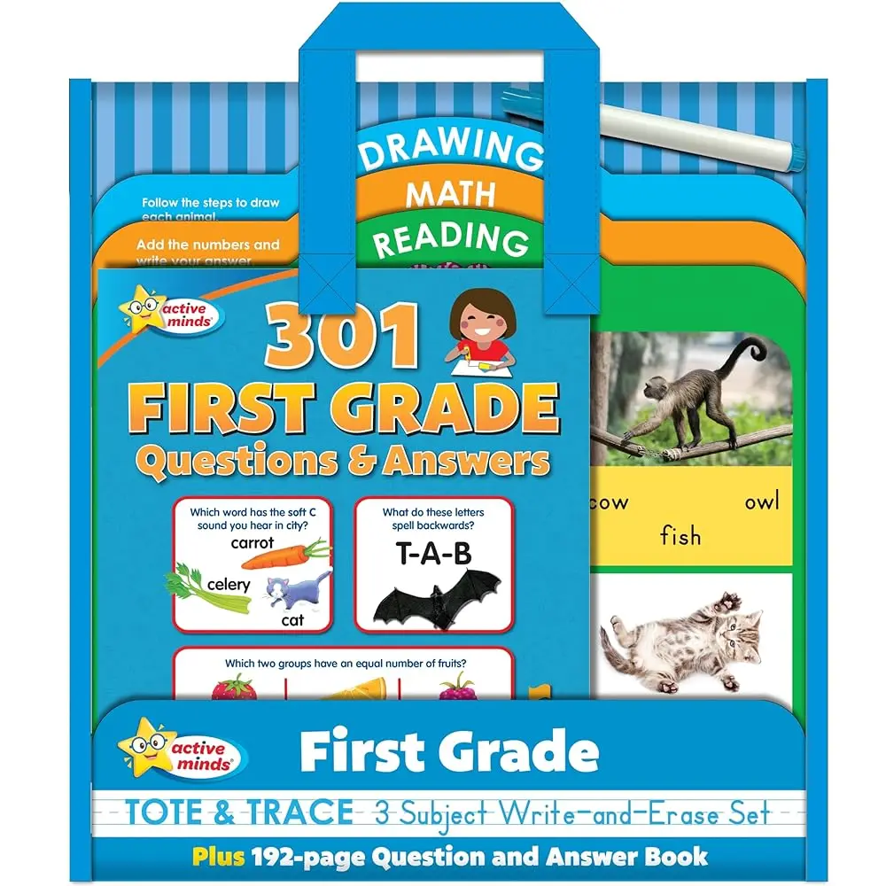 Active Minds First Grade Tote & Trace Set - 3 Double-Sided Write-and-Erase Learning Boards (6 Surfaces Total), 301-Page Question-and-Answer Activity Workbook, Science, Fine Arts, Language Arts Office & School Supplies, 301 First Grade Question And Answer