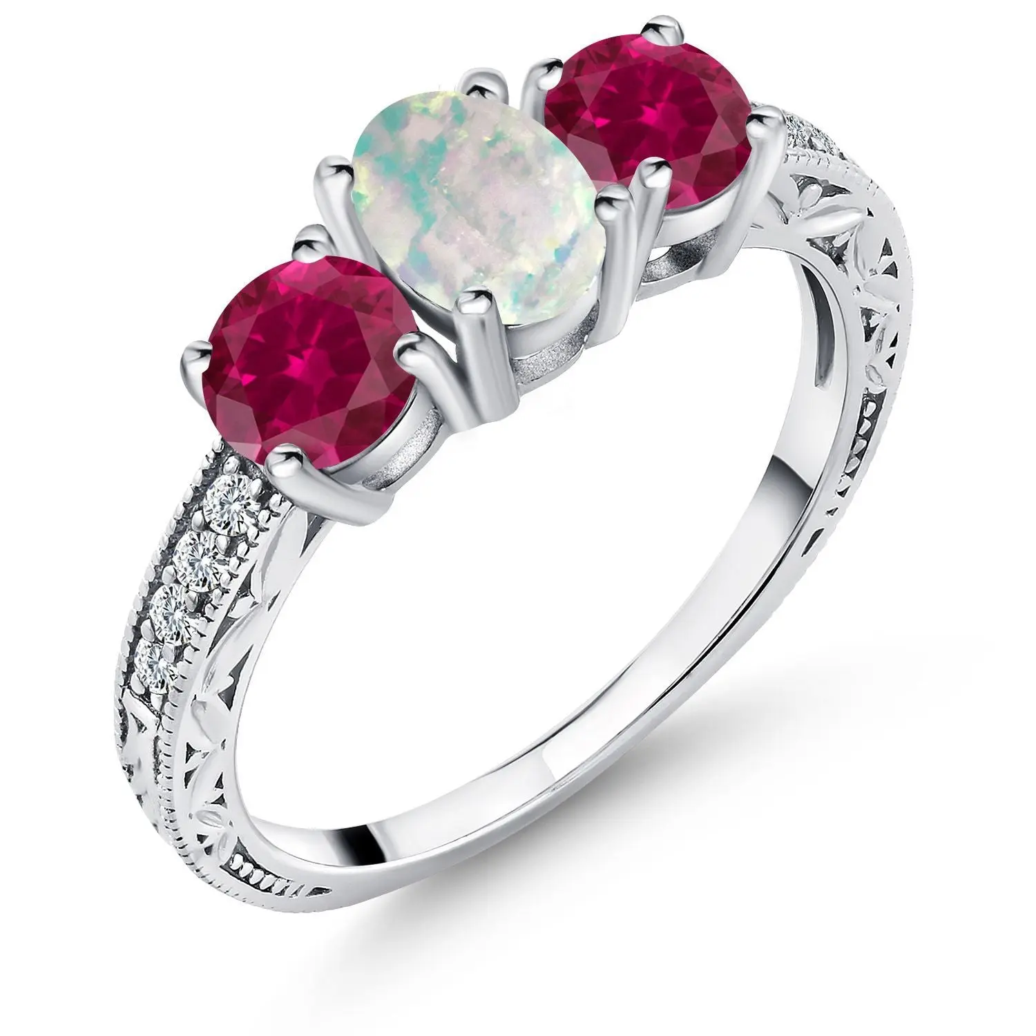 1.95 Cttw Oval Cabochon White Simulated Opal and Red Created Ruby Ring For Women | 925 Silver | Gemstone Birthstone | Wedding Engagement Anniversary Promise Ring For Women