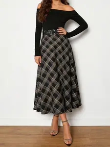 Women's Vintage Plaid High Waist A-Line Skirt, Flowy Smooth Slimming Long Dress, Casual Daily Wear Party Versatile Skirt