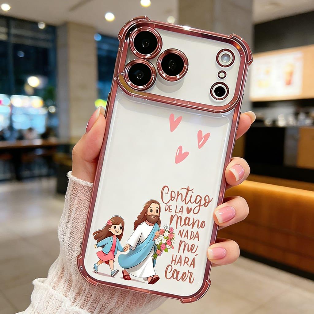 Contigo De La Mano Nada Me Hará Caer Jesus & Girl Phone Case for iPhone 11 12 13 14 15 16 17 Pro Max Plus Air, Christian Faith Rose Gold Clear Shockproof Cover, Religious Gift for Women Girls DDSJ260404012
