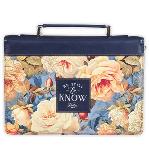 Bible Cover, Extra Large Size, Be still, Psalm 46:10, roses blue faux leather