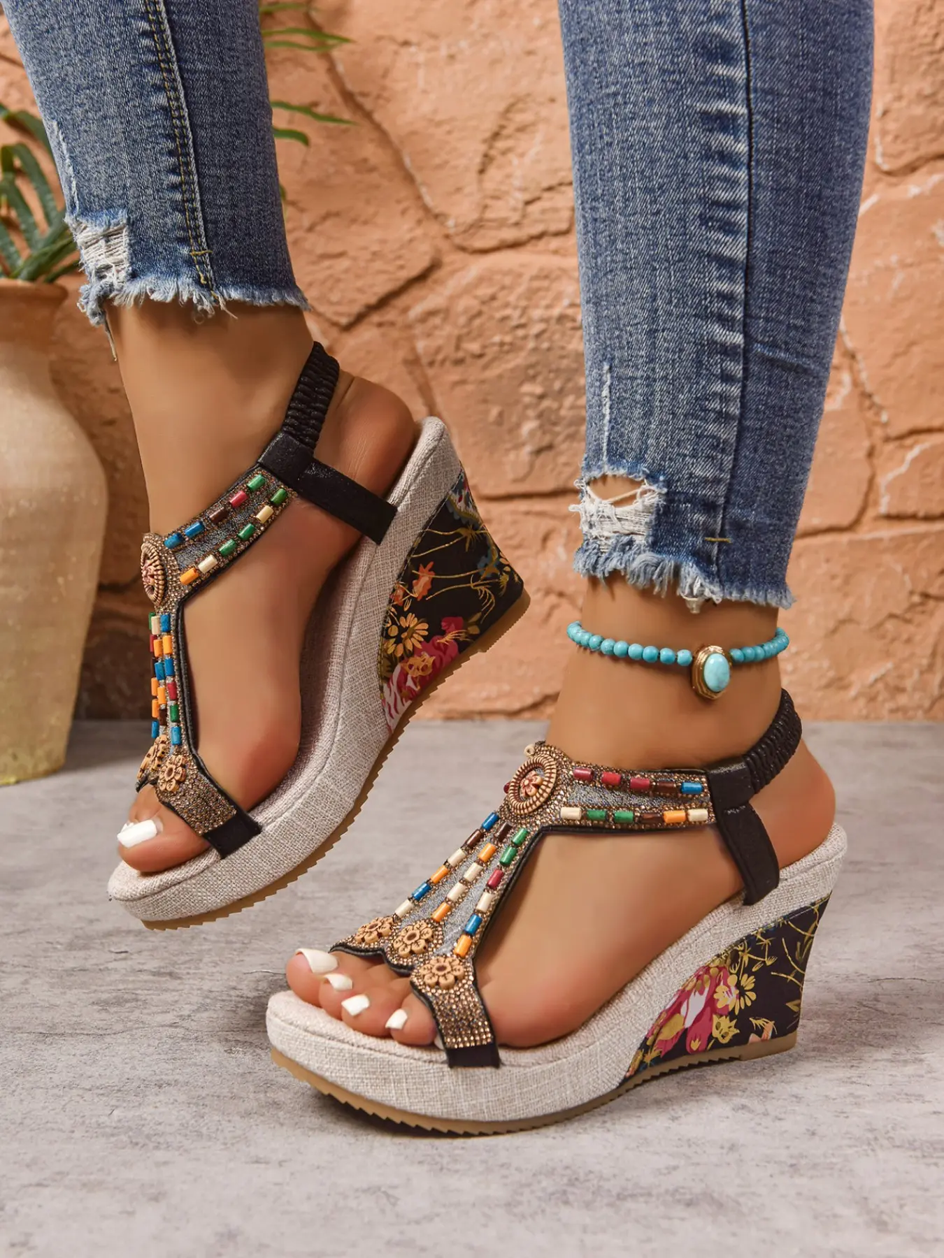 Vintage Bohemian Print Wedge Sandals, Lightweight Summer Footwear, Boho Style Sandal, Colorful Bead Fringe Design, Essential for Beach Vacations, Perfect for Outdoor Adventures, Beaded Wedge Sandals
