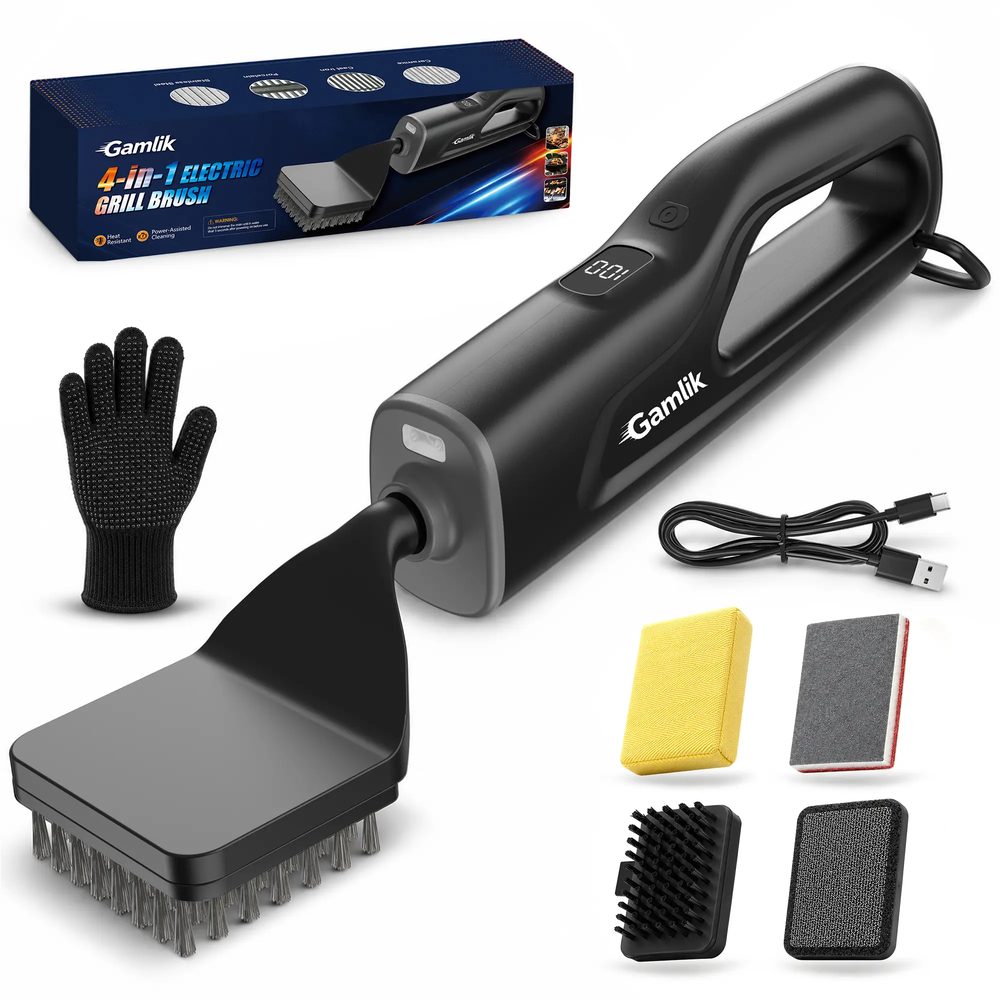 Electric Grill Brush for Outdoor Grill,2026 TikTok BBQ Cordless Grill Cleaning Brush with 4 Cleaning Heads,Fireproof Cloth, Steel Wire Brush & Scouring Pad, LED Light, Quiet High-Power Motor, Safe for Hot Grills, BBQ Accessories, Father's Day Gift for Men