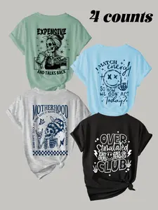 Women's Cartoon Face & Skull & Letter Print Round Neck Tee, Fashion Casual Short Sleeve Crew Neck T-shirt for Daily Holiday Vacation Outdoor Wear, Ladies Clothes for All Seasons