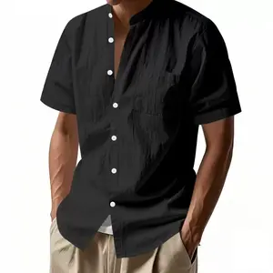 Men's Linen-Blend Stand Collar Short Sleeve Shirt, Button-Down Casual Shirt with Chest Pocket, Lightweight Summer Top for Men Men's Breathable Linen Style Mandarin Collar Shirt, Short Sleeve Button-Up Casual Shirt, Beach Vacation Wear