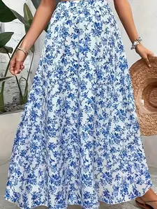 New Chinese-style blue and white porcelain floral print half-length skirt for women, high-waisted loose A-line large swing boho skirt, versatile for commuting and vacation, Long Skirt, Lady, Bohemian, Womenswear