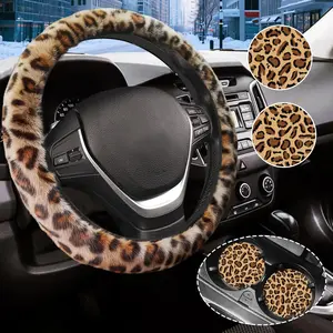 Brown Leopard Print Plush Steering Wheel Cover for Women Universal Car Steering Wheel Cover 14-15inch Soft and Warm Car Interior Accessories with 2 Car Coasters Suitable for Men and Women