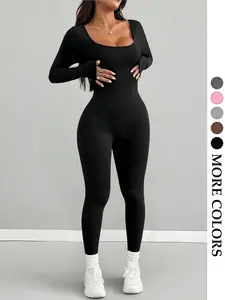 Women's Solid Color Fitted Jumpsuit, Square Neck Design, Tight Fit, Casual Comfortable Wear, Long Sleeve, All Seasons Fashion