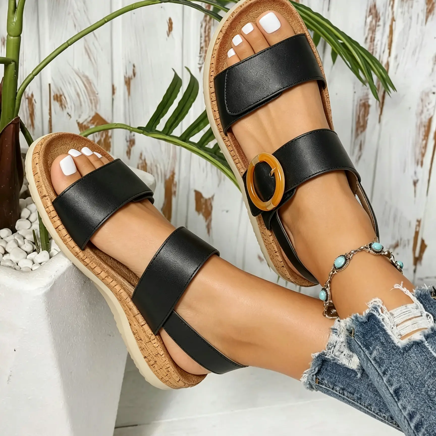 Women’s Casual Cork Wedge Sandals, Elegant Summer Walking Shoes with Arch Support, Adjustable Buckle Detail and Lightweight Flexible Design, Perfect for Beach Holidays, Vacation Travel, Outdoor Activities, Dresses and Daily Styling,Warm
