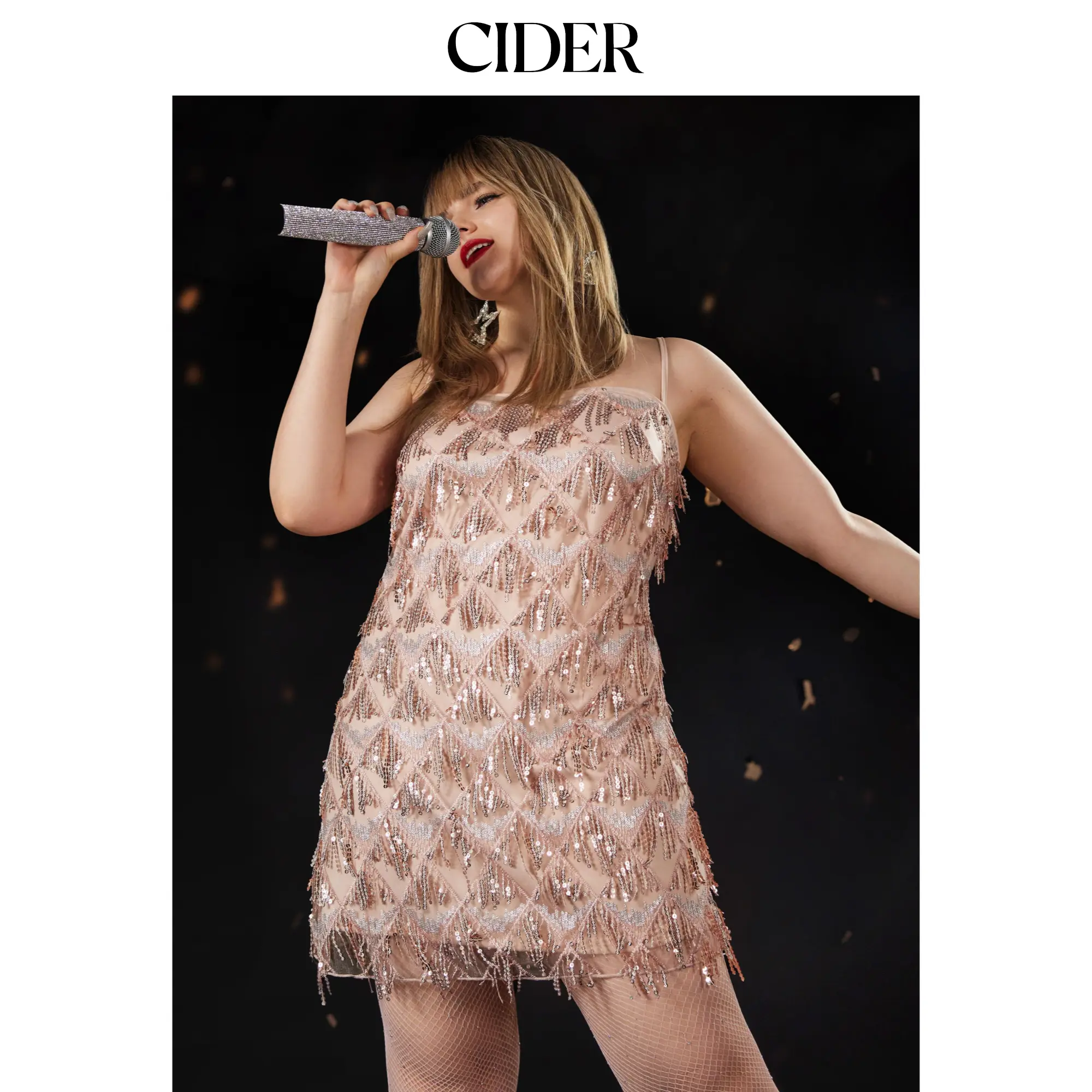 Cider [6 colors, size 0-26] Sequins Square Neck Geometric Tassel Mini Dress Curve & Plus