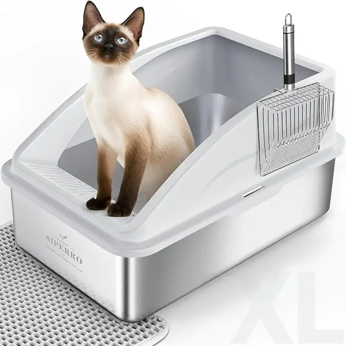 AIPERRO Stainless Steel Cat Litter Box,High Side Cats Toilet Metal Kitten Litter Pan, Pet Cleaning Tool for Big and Small Cats, Rabbits, Splash-Proof