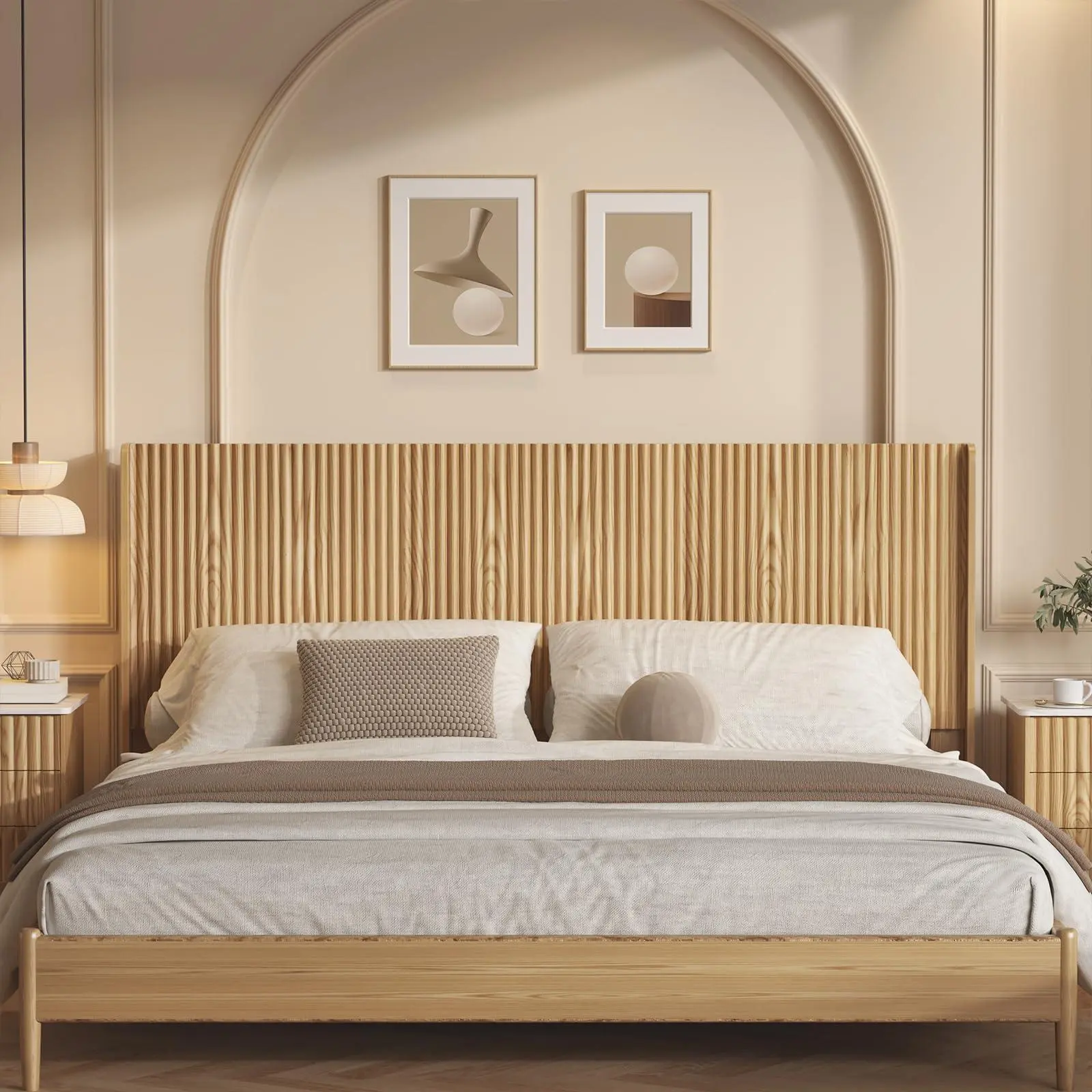 80.3'' Wood Headboard with Charging Stations, Boho Bed Frame Wall Mounted Headboards,Easy Assembly,Modern Farmhouse Bed headboard Only (King)