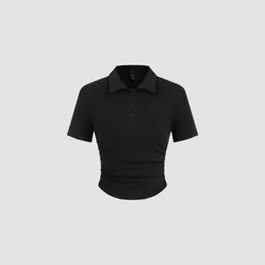 Cider [3 colors, size 2-10] Cotton-blend Collar Solid Ruched Button Short Sleeve Top