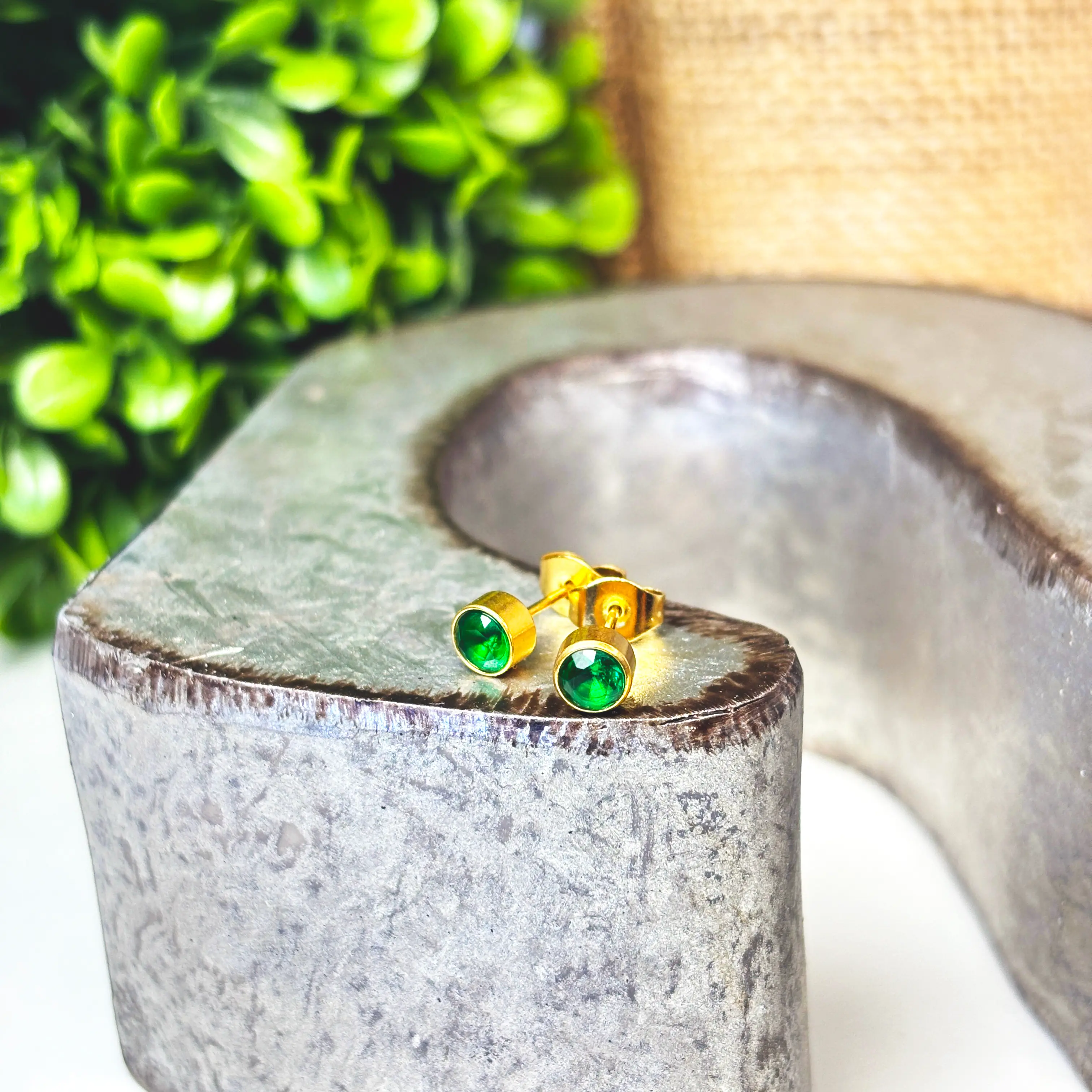 Dainty Emerald Birthstone Earrings – 4mm Gold-Plated Crystal Studs – Minimalist May Jewelry – Zodiac Cartilage Earrings