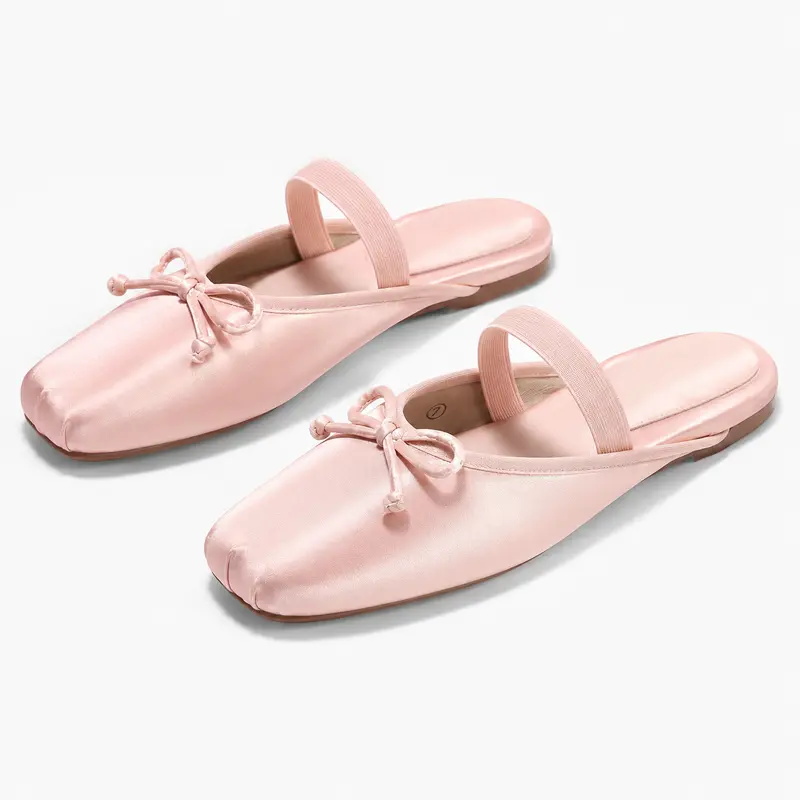 Coutgo Women's Basic Plain Elegant Faux Leather Lightweight Square Toe Bow Mules - Pull-On Footwear with Rubber-Fabric Sole, Ballet Flats-Inspired Clogs for Office & Casual Wear