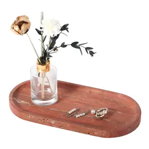 Koville Natural Marble Tray,Vanity Decorative Tray for Countertop Organizer, Catchall Tray for Perfume, Candles, Jewelry Dish(Red Travertine)